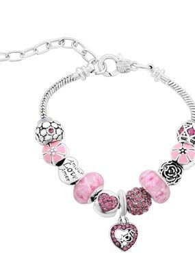 Pink Charm Bracelet with Heart Dangle and Beads. Perfect for Mother’s Day.
15